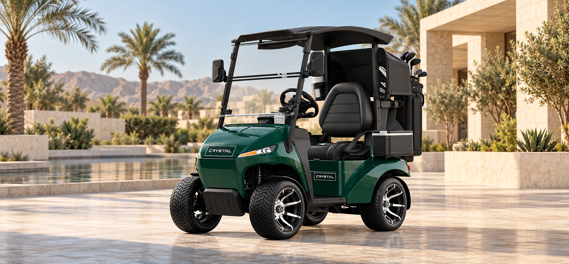 Crystal Intelligent Series green golf vehicle in a Middle Eastern resort courtyard — brand visualization