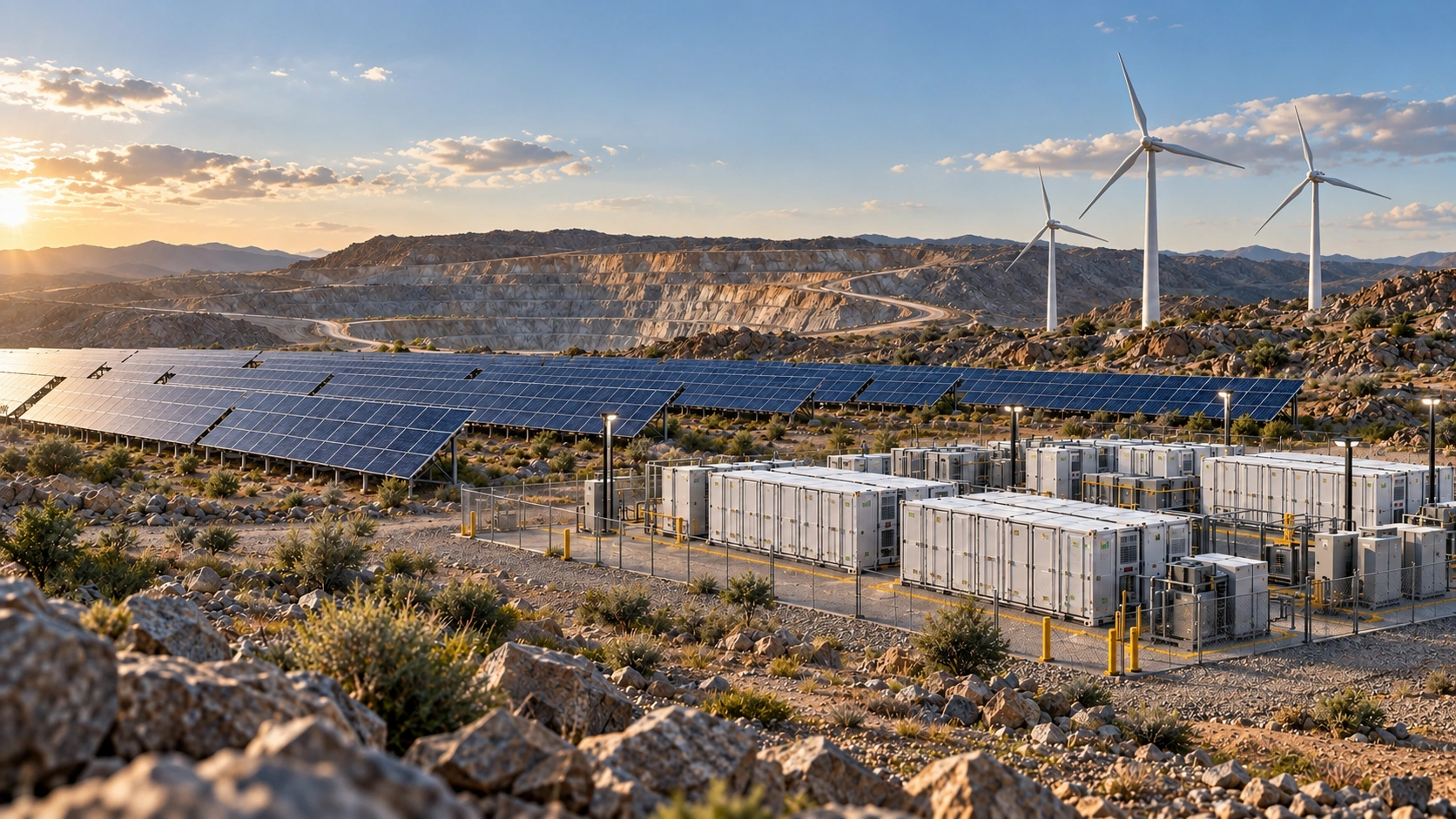 Solar generation, wind turbines and battery storage at a mine — concept illustration