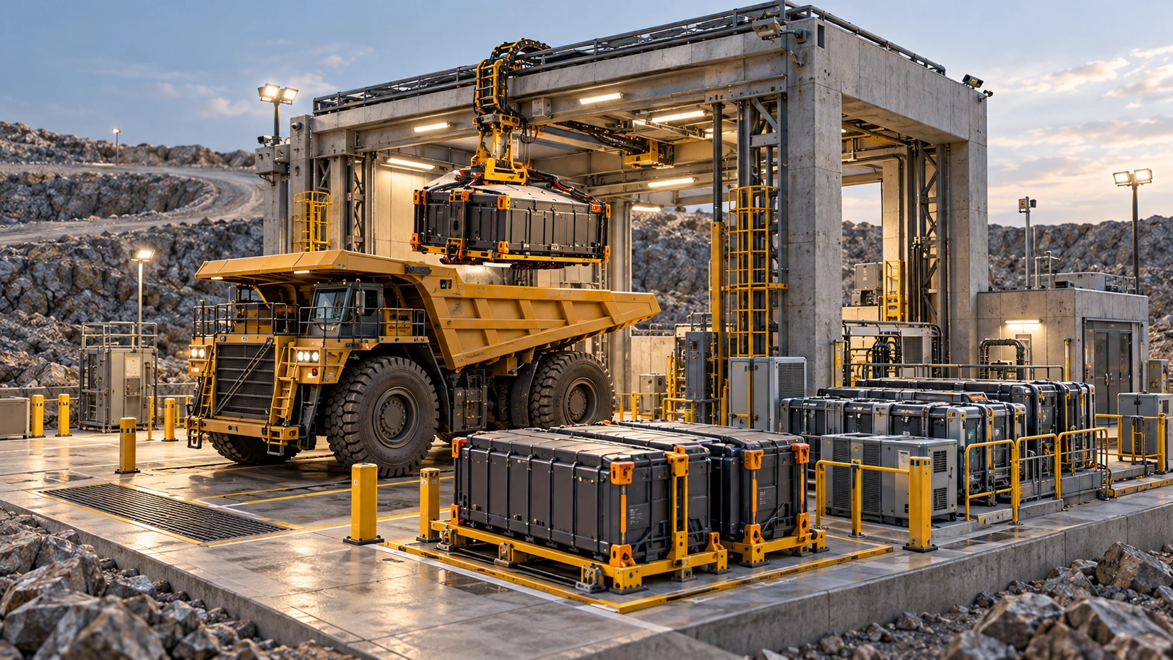 Heavy truck battery swapping facility — concept illustration