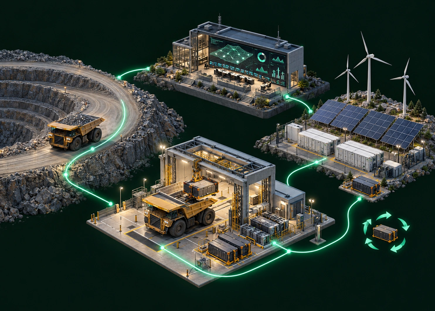 Integrated mine energy, battery swapping and operations architecture — concept illustration